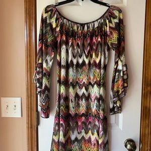 Colorful print dress, flare sleeves, M, cute/comfy